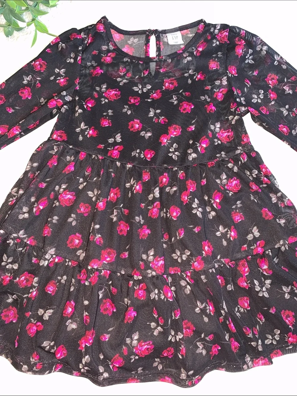 Gap Black Sheer Overlay Dress Roses 3 EUC